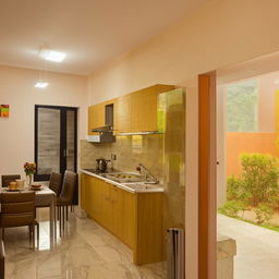 An elegantly designed 1 BHK (Bedroom, Hall, Kitchen) house with modern furniture and a comfortable, warm atmosphere.