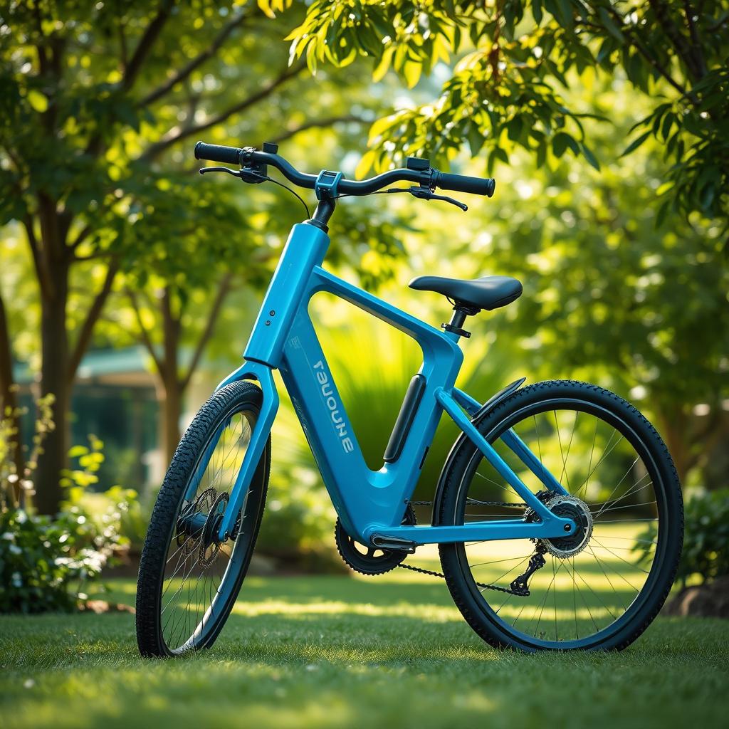 A modern blue bicycle designed with a sleek, contemporary style