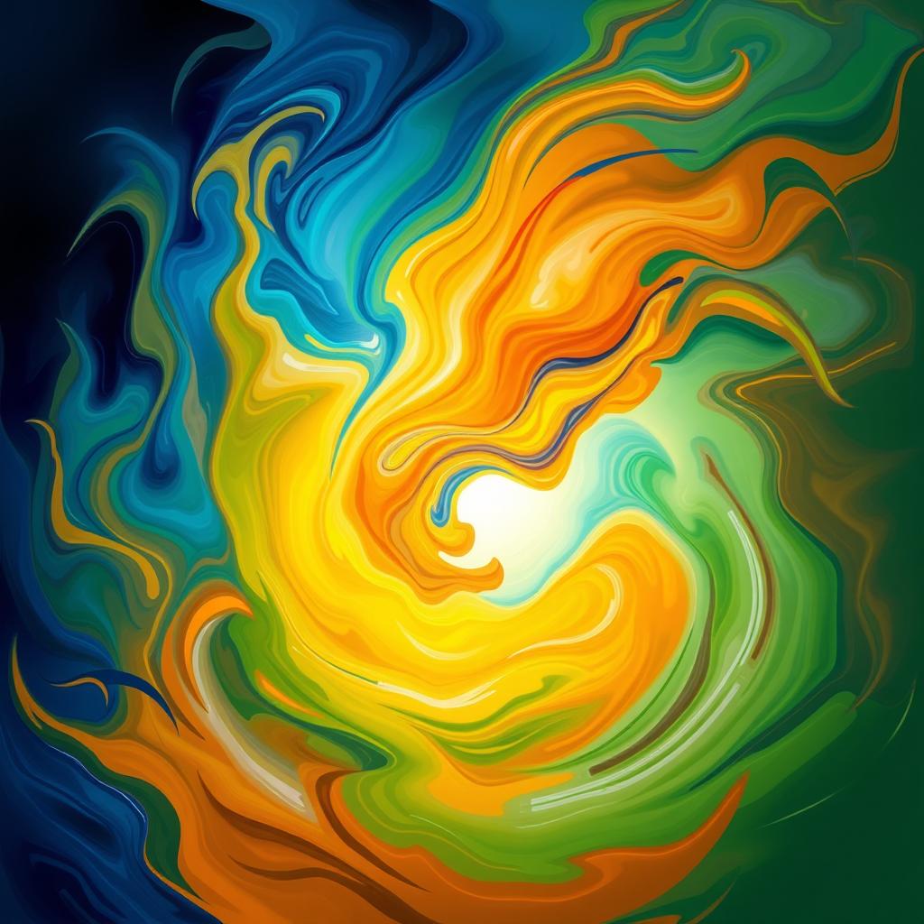 An abstract digital painting showcasing a vibrant swirl of colors including deep blues, bright oranges, and vivid greens