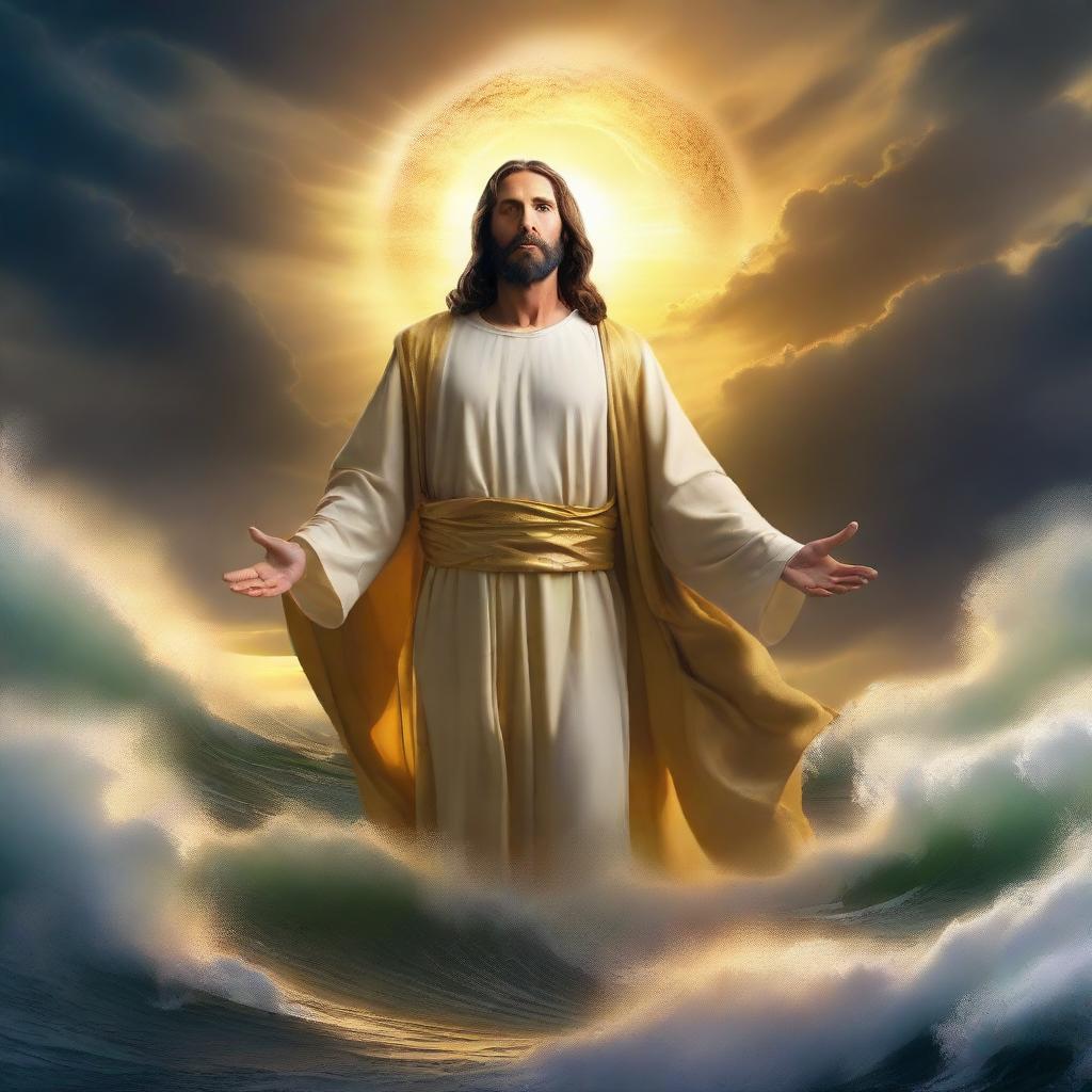 Jesus Christ standing resilient amidst turbulent waves with a golden halo of prosperity around his head against a dramatic sunset sky