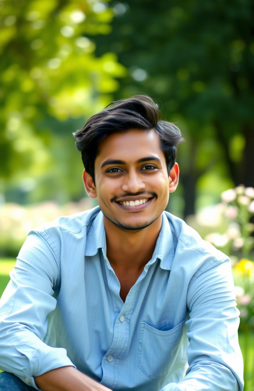 A serene portrait of a person sitting calmly, with an inviting smile and sparkling eyes