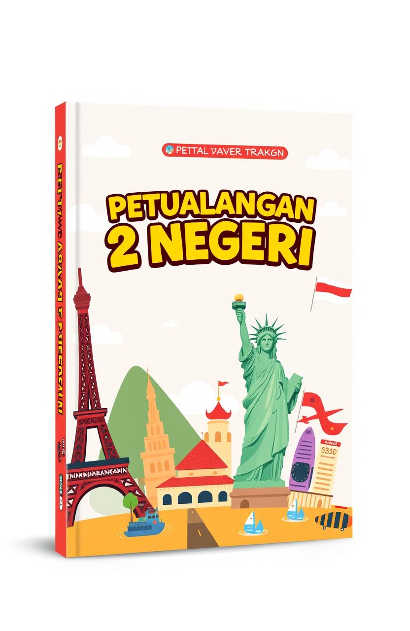 A book cover design for a travel-themed title 'Petualangan 2 Negeri'