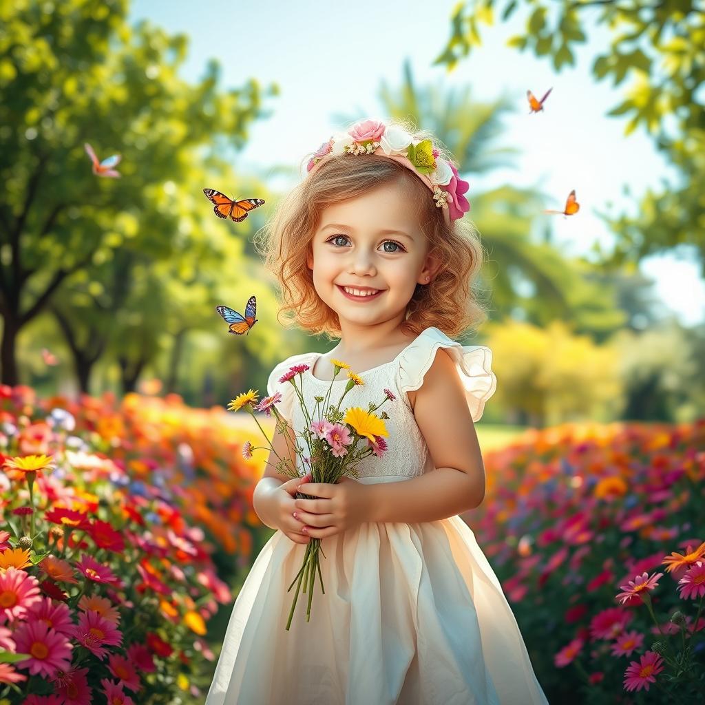 A young girl with playful features, standing in a vibrant, sunny park filled with colorful flowers and lush green trees