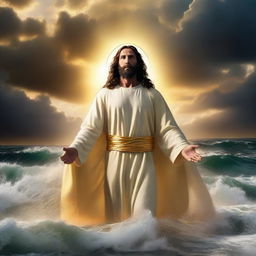 Jesus Christ standing resilient amidst turbulent waves with a golden halo of prosperity around his head against a dramatic sunset sky