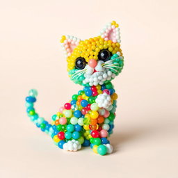 A charming and detailed depiction of a cat crafted from colorful beads