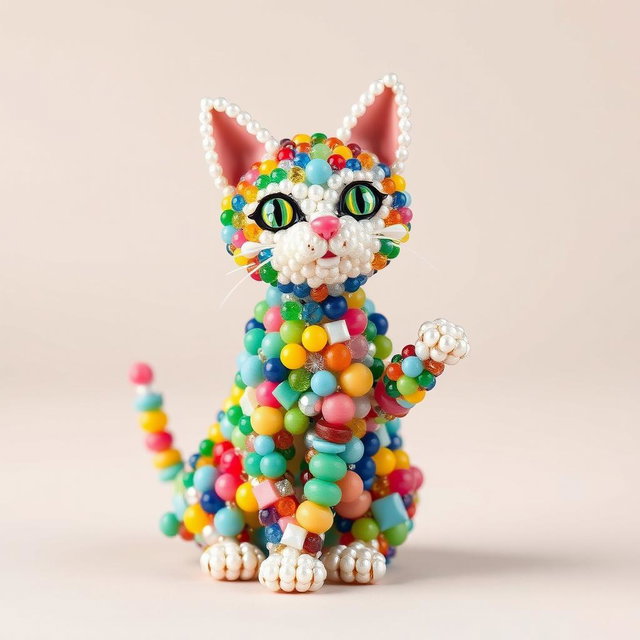 A charming and detailed depiction of a cat crafted from colorful beads