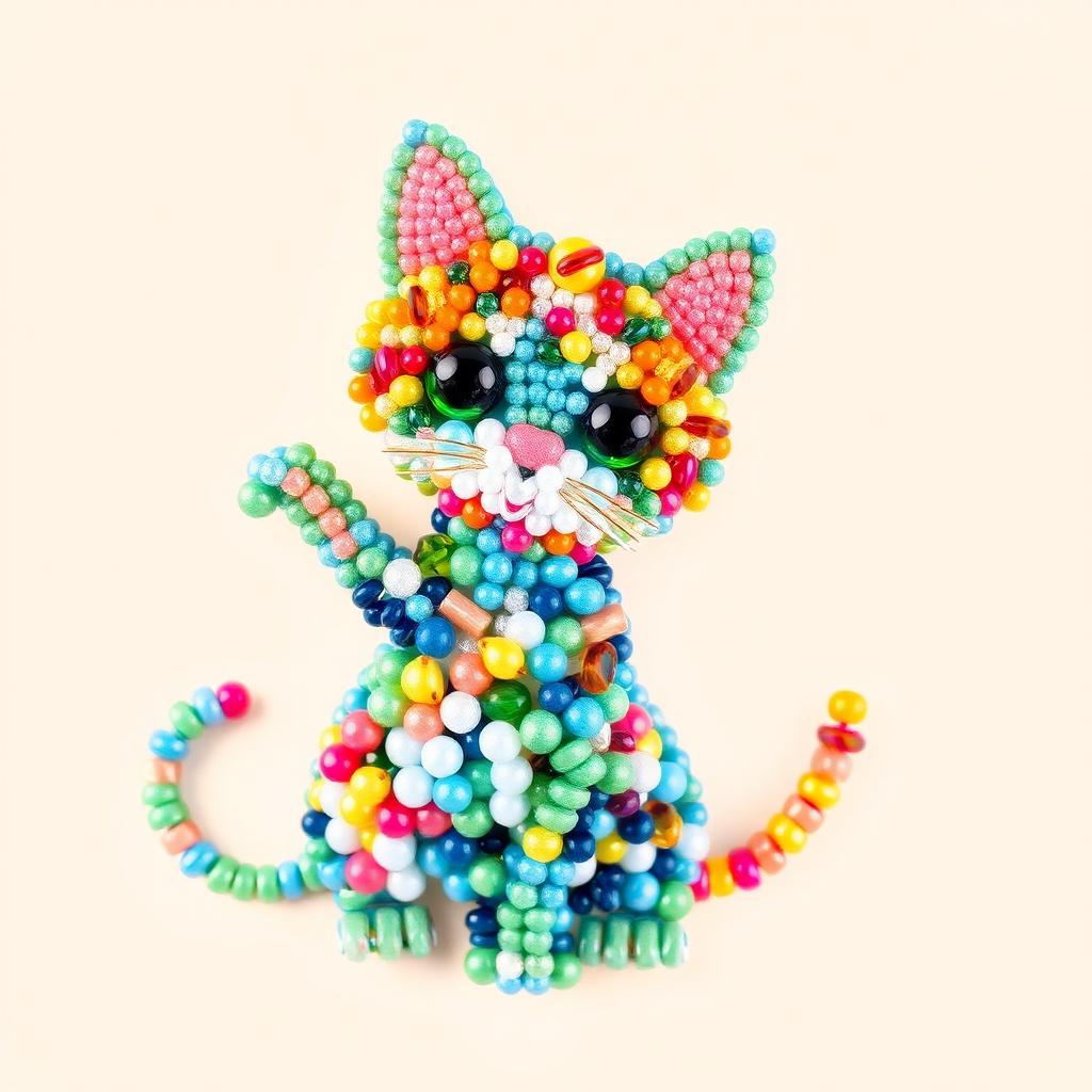 A charming and detailed depiction of a cat crafted from colorful beads