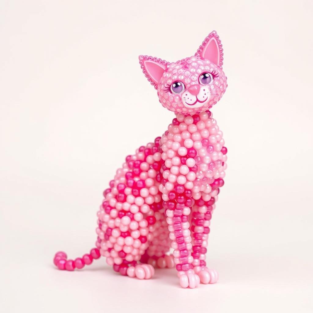 A whimsical and colorful representation of a cat designed entirely with vibrant pink beads