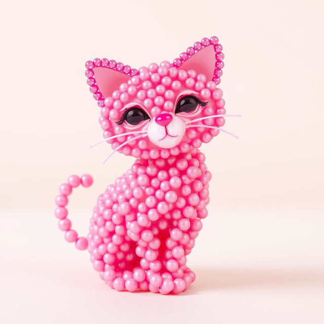 A whimsical and colorful representation of a cat designed entirely with vibrant pink beads