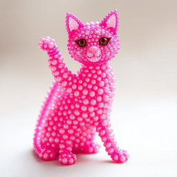 A whimsical and colorful representation of a cat designed entirely with vibrant pink beads
