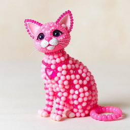 A whimsical and colorful representation of a cat designed entirely with vibrant pink beads