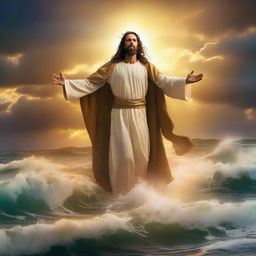 Jesus Christ standing resilient amidst turbulent waves with a golden halo of prosperity around his head against a dramatic sunset sky