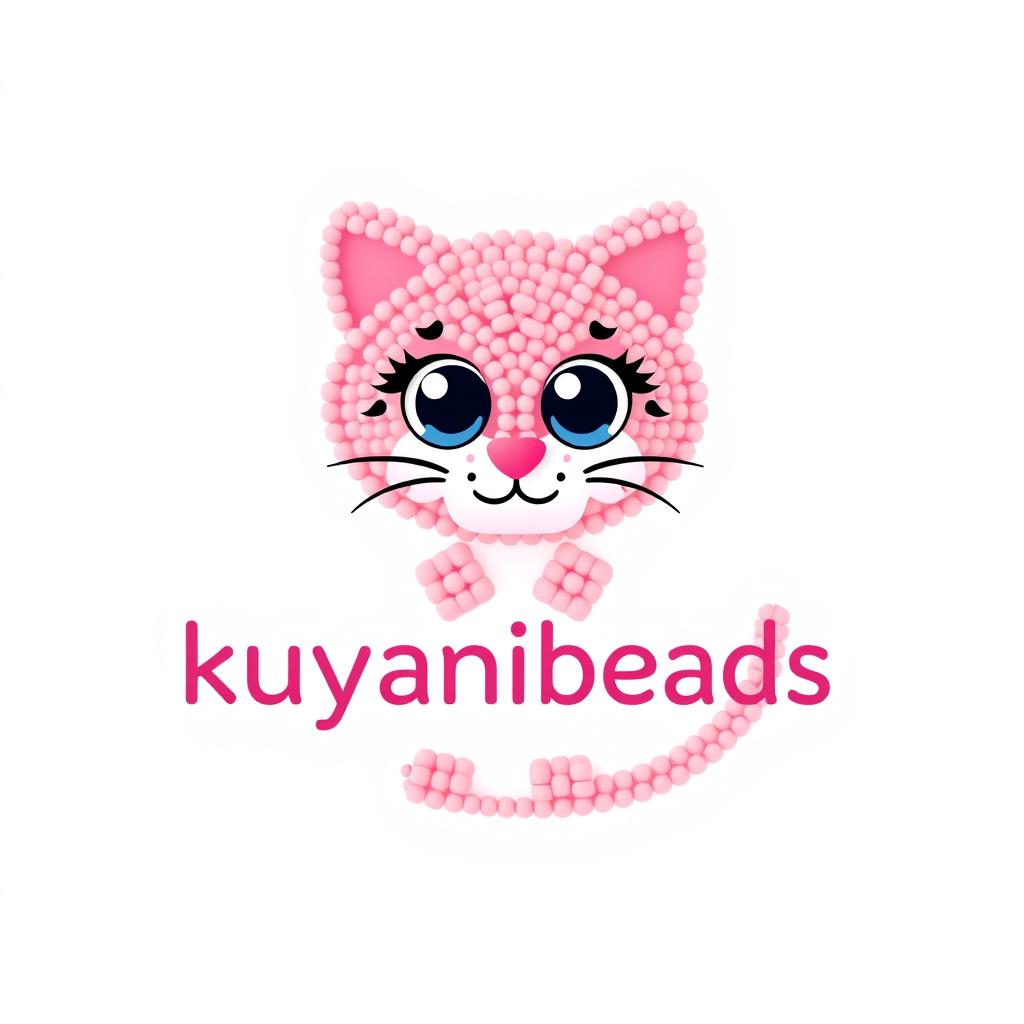 A cute logo depicting a stylized cat crafted from pink seed beads, featuring adorable, oversized eyes and a playful expression