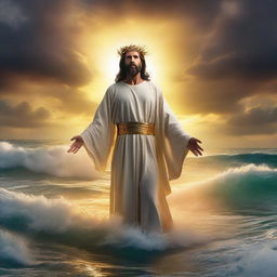 Jesus Christ standing resilient amidst turbulent waves with a golden halo of prosperity around his head against a dramatic sunset sky