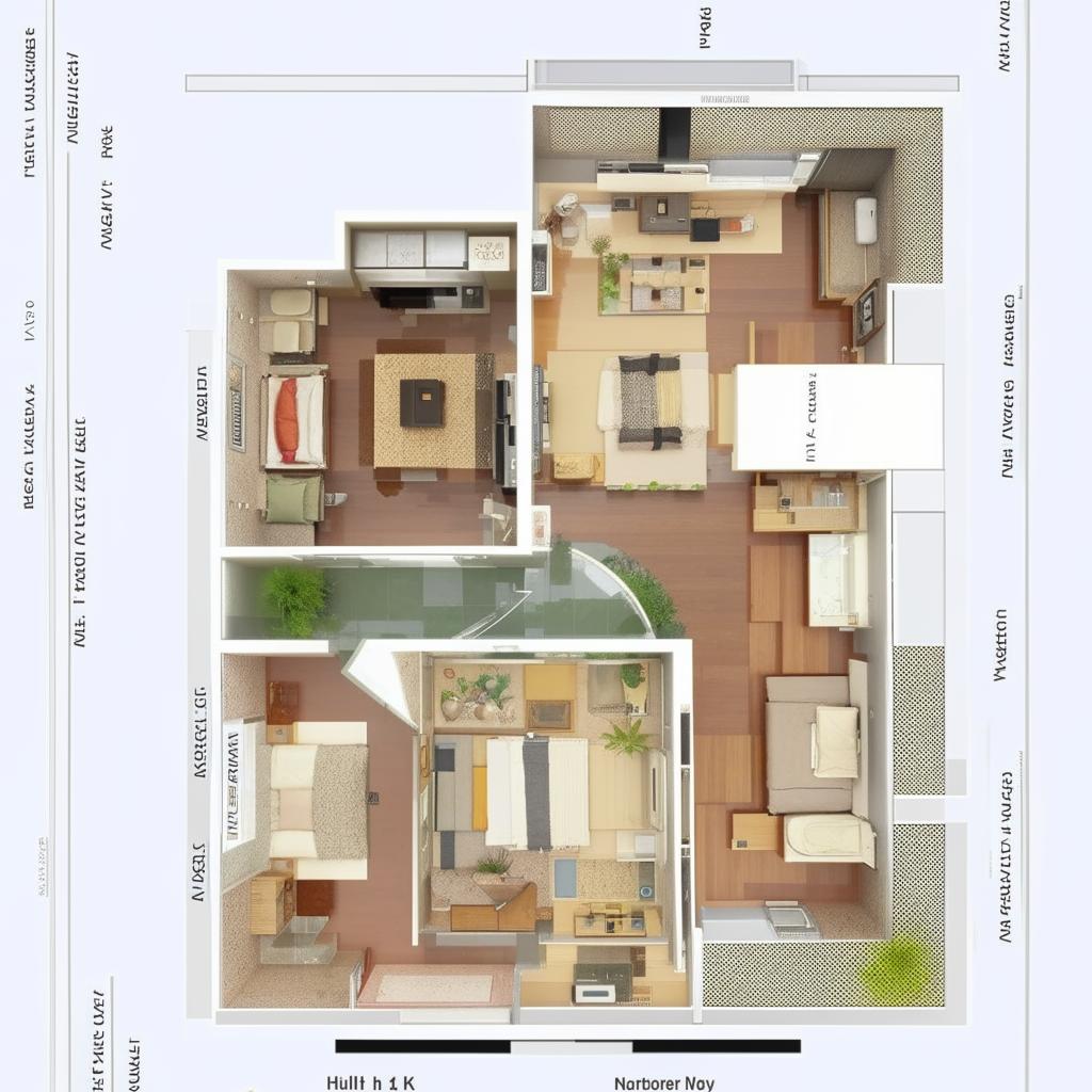 A detailed map layout of a 1 BHK (Bedroom, Hall, Kitchen) apartment showcasing a harmonious flow of spaces.