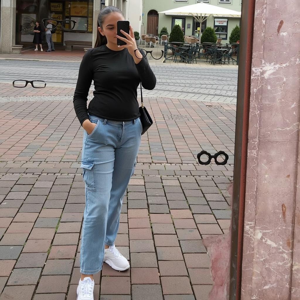 A woman in a fashionable outfit standing confidently in a city square