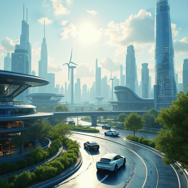 Design a futuristic city showcasing renewable energy sources and advanced lithium-ion technologies