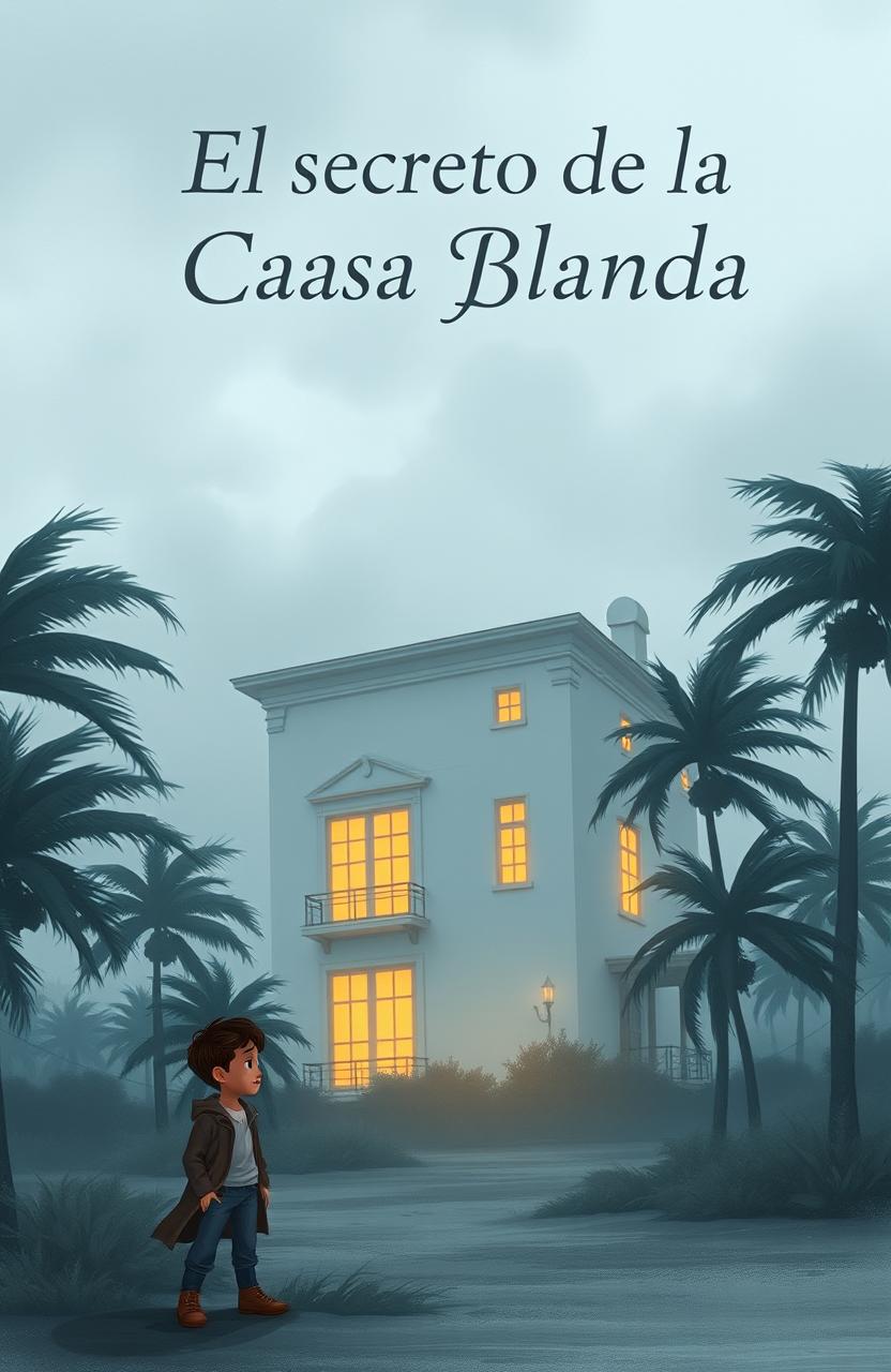 A large, mysterious white house slightly off-center, surrounded by wind-swaying palm trees
