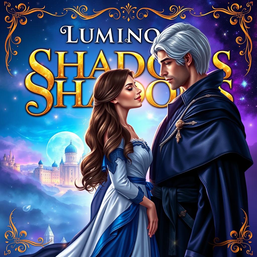 A fantasy book cover titled 'Luminous Shadows' showcasing an elegant serif font embellished with mystical ornaments