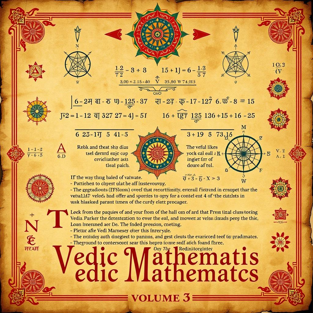 A detailed illustration of Vedic Mathematics principles, featuring intricate mathematical symbols and diagrams, combined with ancient Indian designs and motifs