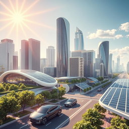 Design a futuristic cityscape utilizing renewable energy sources, prominently featuring lithium-ion technologies and advanced solar panels
