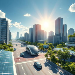 Design a futuristic cityscape utilizing renewable energy sources, prominently featuring lithium-ion technologies and advanced solar panels