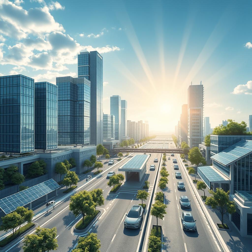 Design a futuristic cityscape utilizing renewable energy sources, prominently featuring lithium-ion technologies and advanced solar panels