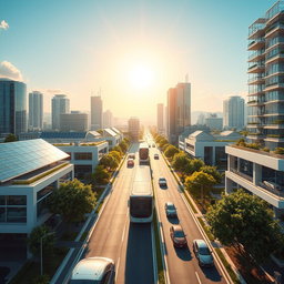 Design a futuristic cityscape utilizing renewable energy sources, prominently featuring lithium-ion technologies and advanced solar panels