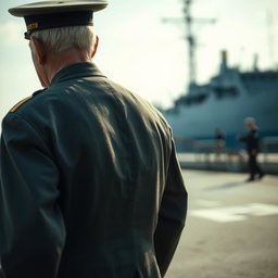 An evocative scene featuring an elderly man in a faded military uniform approaching another figure