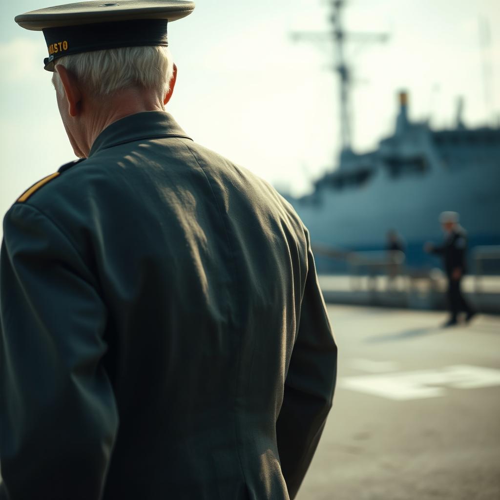 An evocative scene featuring an elderly man in a faded military uniform approaching another figure