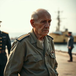 An evocative scene featuring an elderly man in a faded military uniform approaching another figure