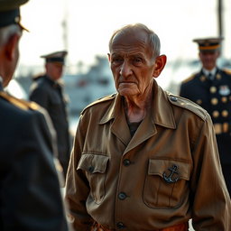 An evocative scene featuring an elderly man in a faded military uniform approaching another figure