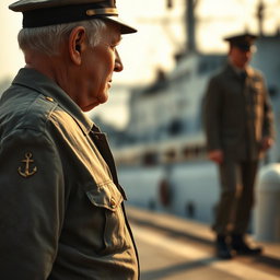 An evocative scene featuring an elderly man in a faded military uniform approaching another figure