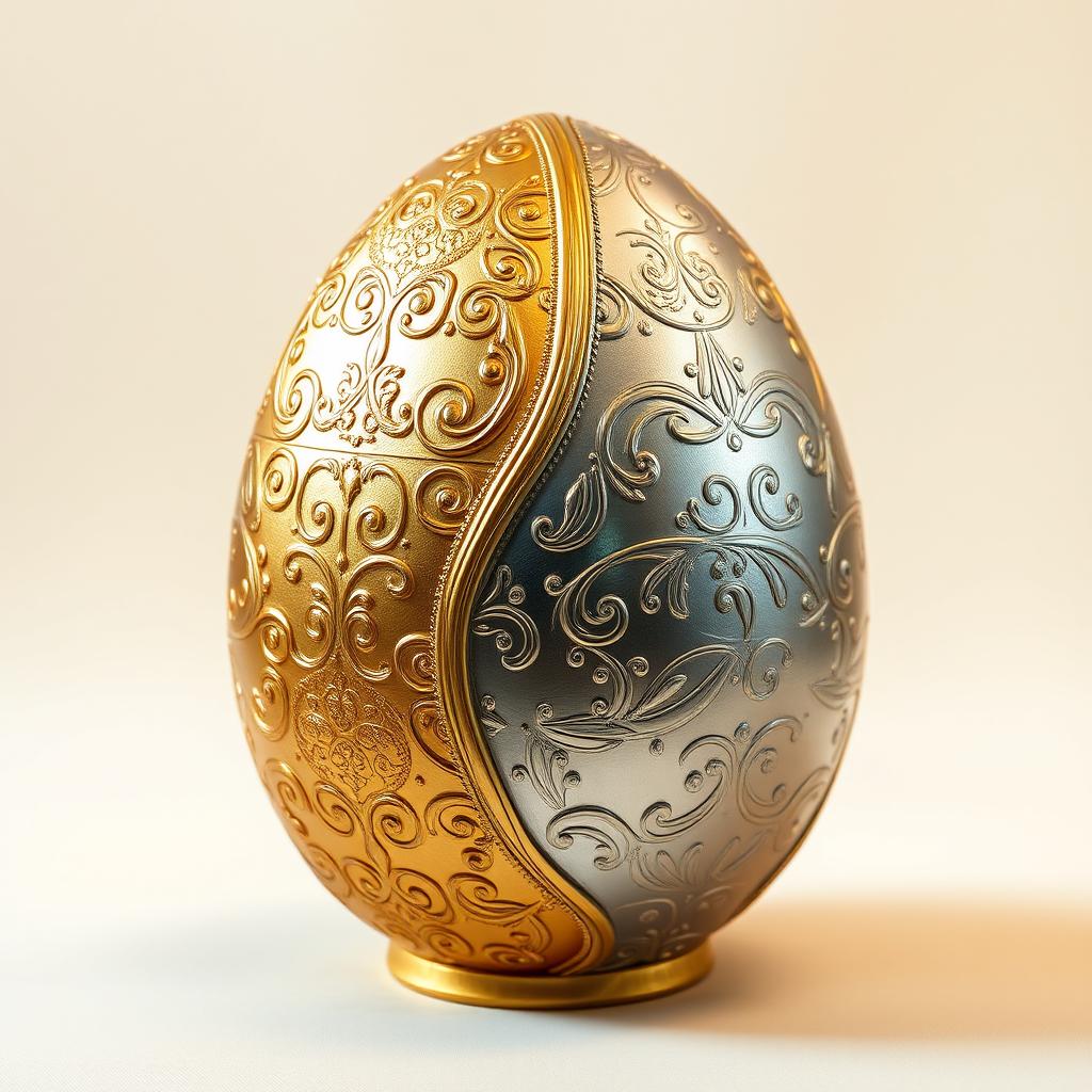 An artistic display of a beautifully crafted egg, half covered in shimmering gold and the other half in sleek silver