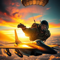 A dramatic scene of a fighter pilot ejecting from an aircraft against a vibrant sunset sky
