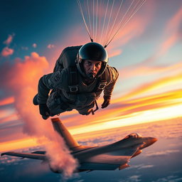 A dramatic scene of a fighter pilot ejecting from an aircraft against a vibrant sunset sky