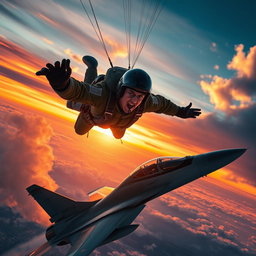 A dramatic scene of a fighter pilot ejecting from an aircraft against a vibrant sunset sky