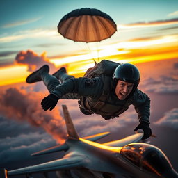 A dramatic scene of a fighter pilot ejecting from an aircraft against a vibrant sunset sky