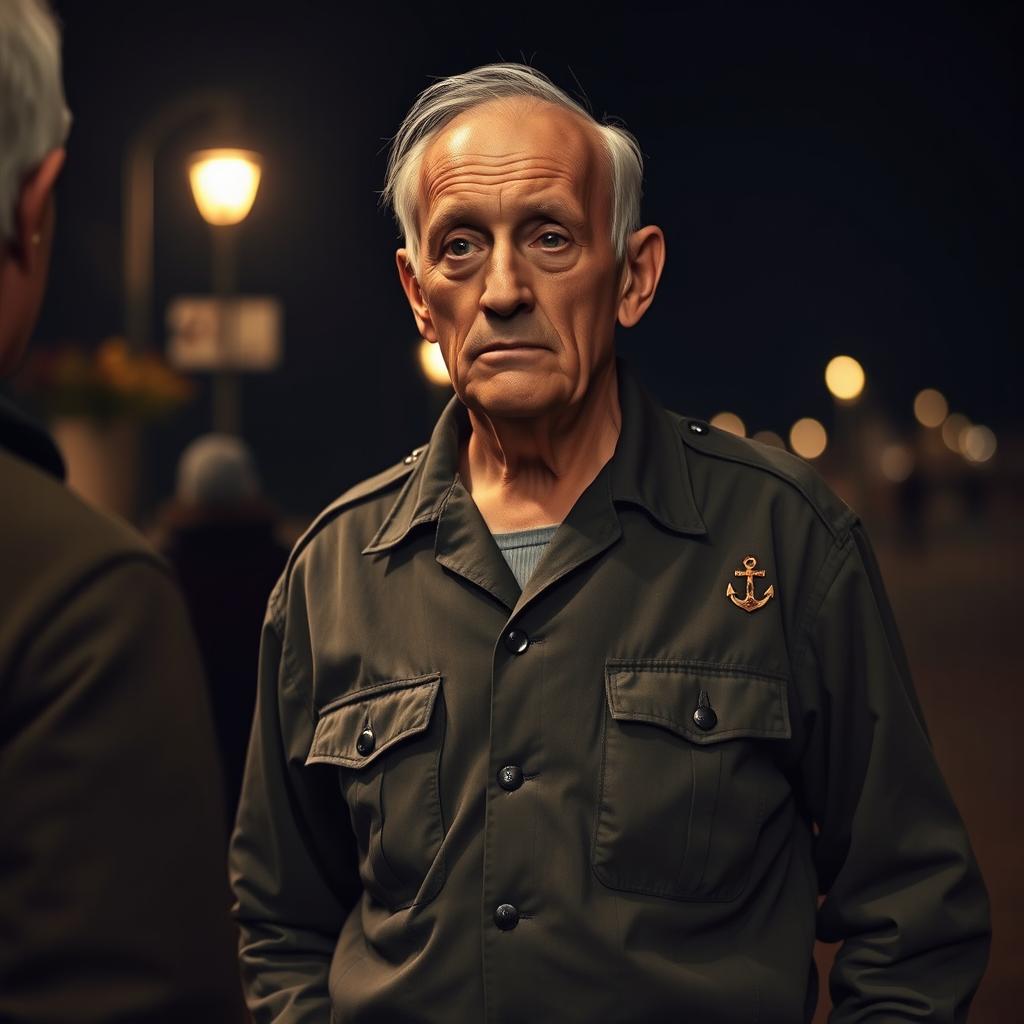 An evocative nighttime scene depicting an elderly man in a faded military uniform as he approaches another figure