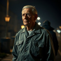 An evocative nighttime scene depicting an elderly man in a faded military uniform as he approaches another figure