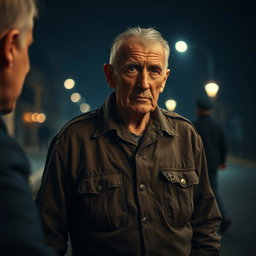 An evocative nighttime scene depicting an elderly man in a faded military uniform as he approaches another figure