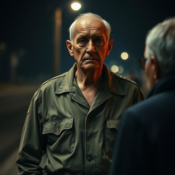 An evocative nighttime scene depicting an elderly man in a faded military uniform as he approaches another figure