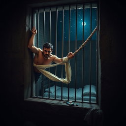 A tense scene of a prisoner escaping from a high-security prison through a barred window using a rope made of bedsheets