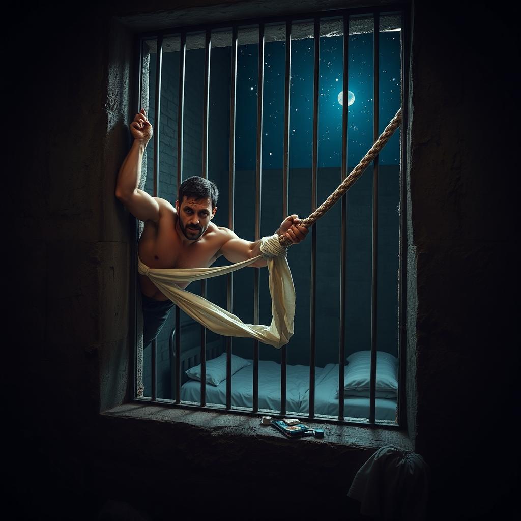 A tense scene of a prisoner escaping from a high-security prison through a barred window using a rope made of bedsheets