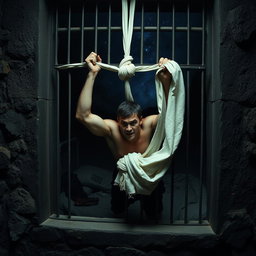 A tense scene of a prisoner escaping from a high-security prison through a barred window using a rope made of bedsheets