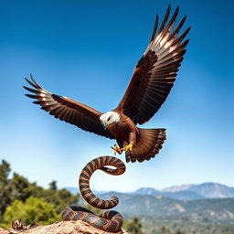A stunning nature scene depicting an eagle swooping down to hunt a snake