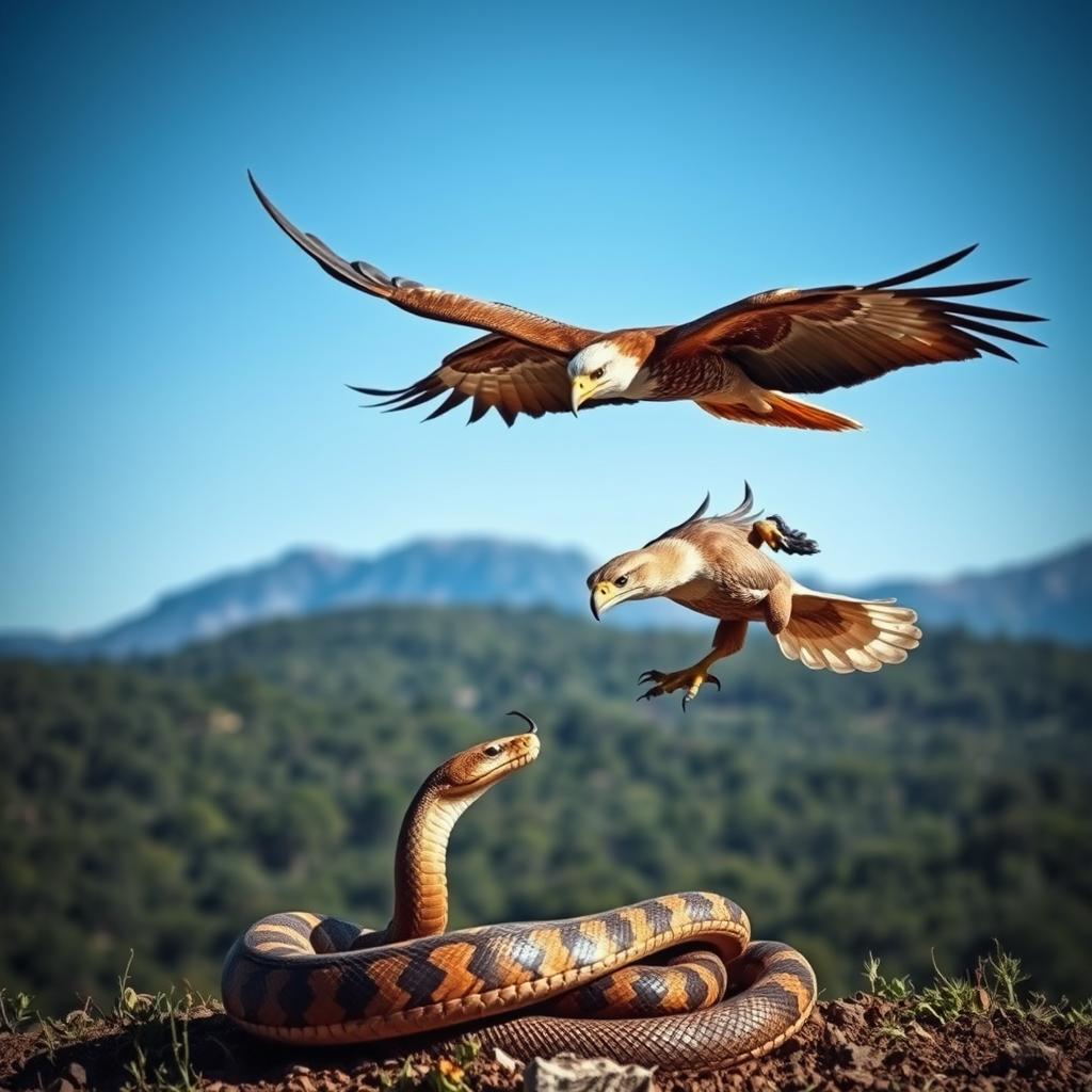 A stunning nature scene depicting an eagle swooping down to hunt a snake