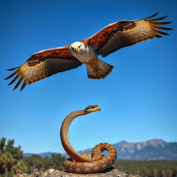 A stunning nature scene depicting an eagle swooping down to hunt a snake