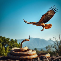 A stunning nature scene depicting an eagle swooping down to hunt a snake