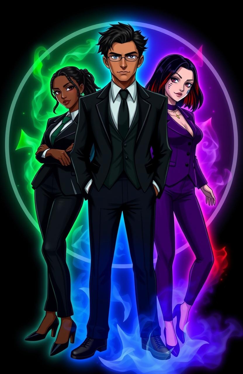 Five characters positioned in a triangle formation like business people but they are assassins